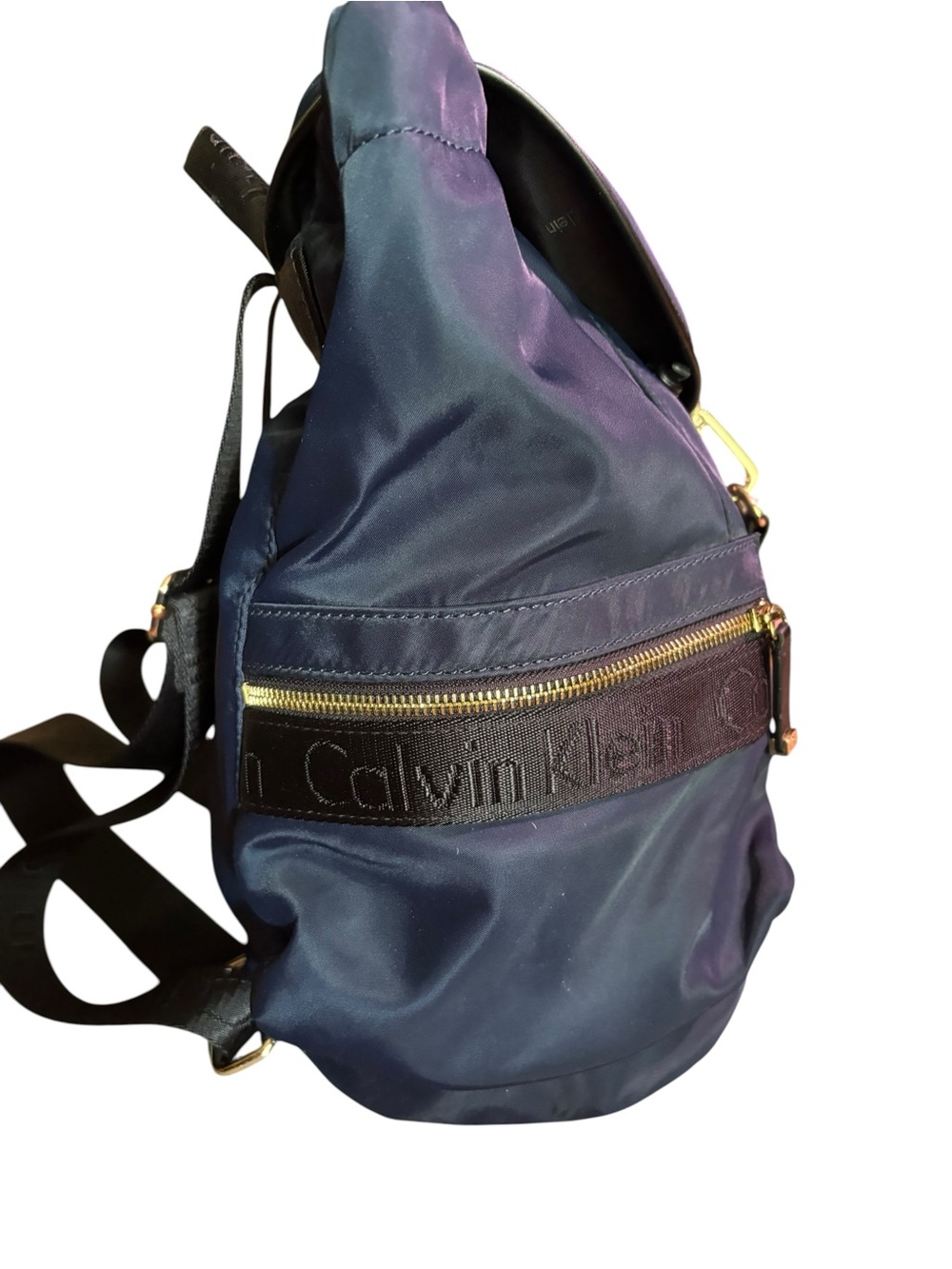 Calvin Klein Navy Nylon & Leather Trim Flap Backpack | Gold Hardware - Picture 3 of 8